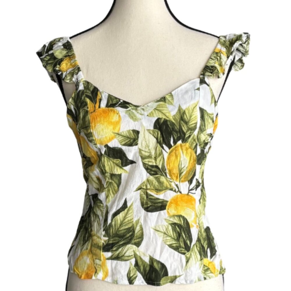 H&M LEMON PRINT SMOCKED BACK SUMMER TOP , SZ. M